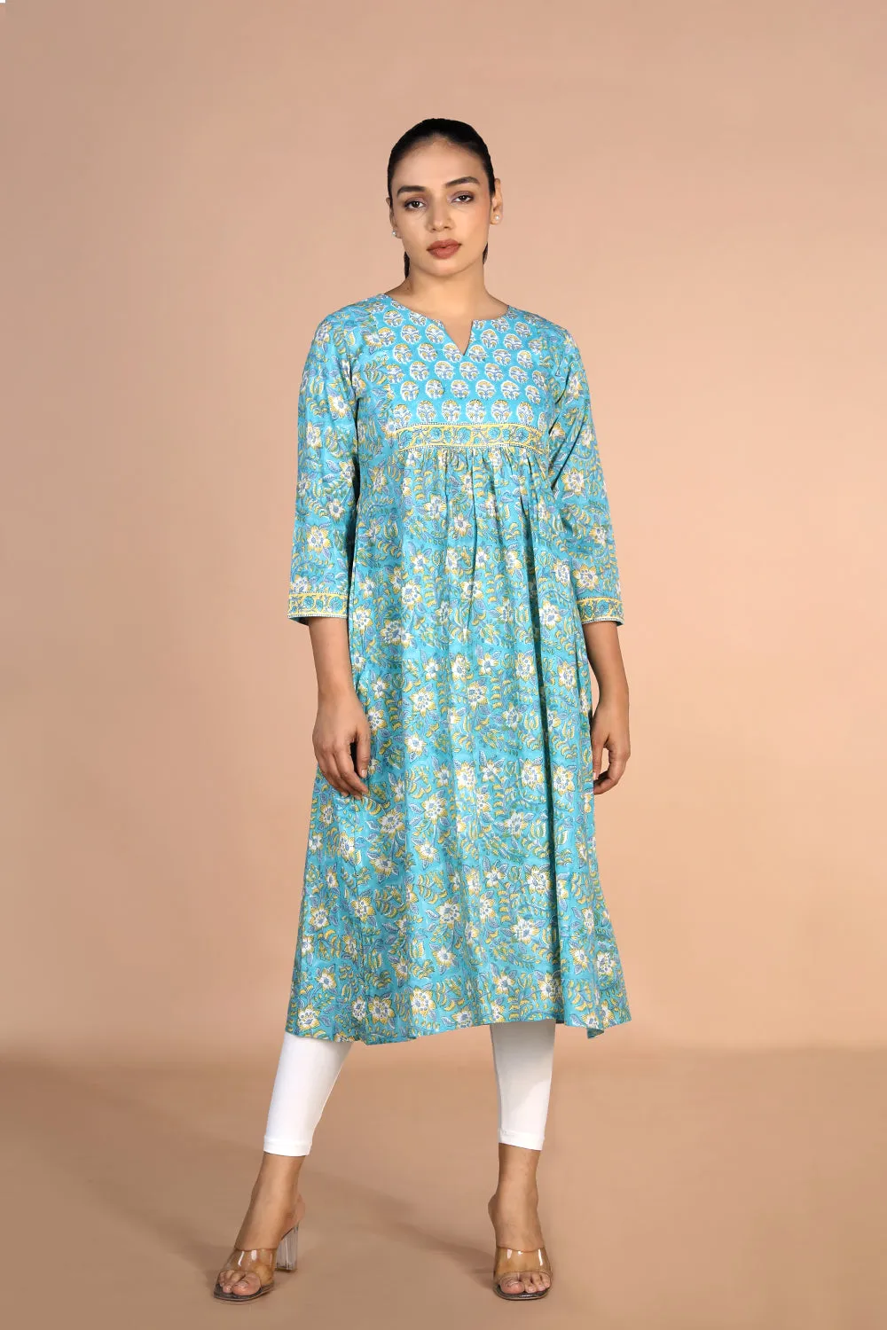 Floral sky blue Sanganeri handblock printed cotton Kurti