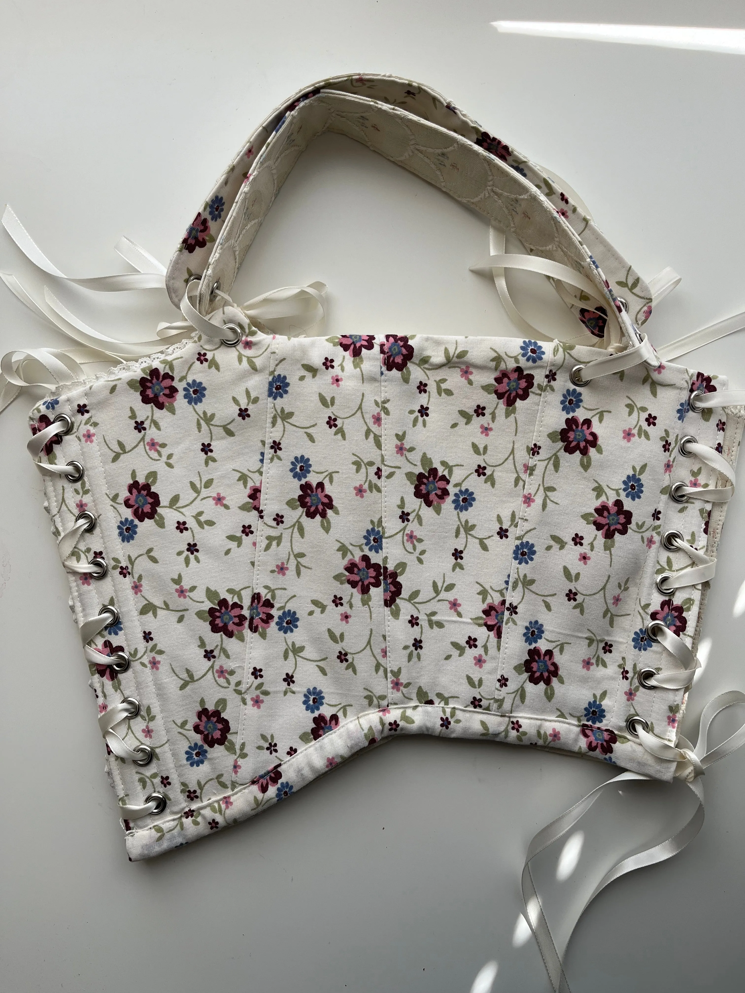 Front tie reversible mermaid/ floral corset with removable shoulder straps🧜🏻‍♀️💐💐🪻