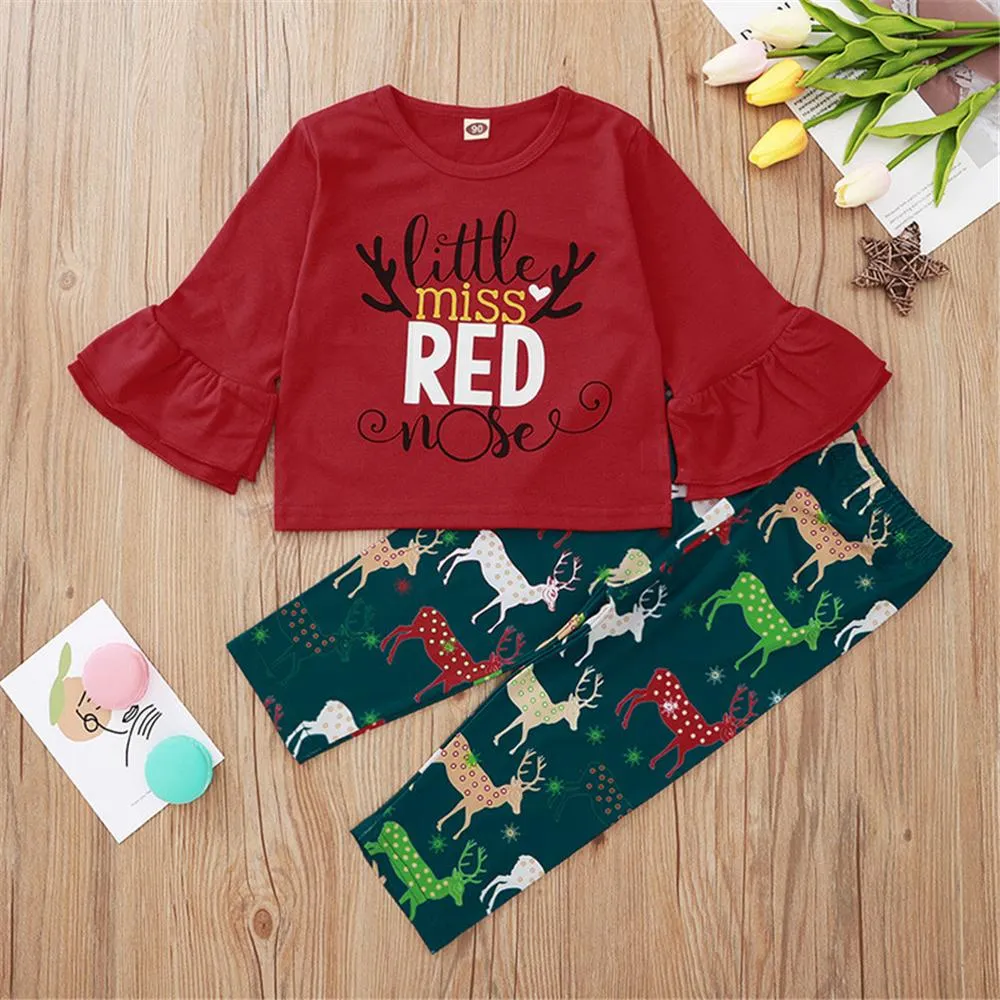 Girls Deer Long Sleeve Letter Printed Top & Pants Wholesale Girls