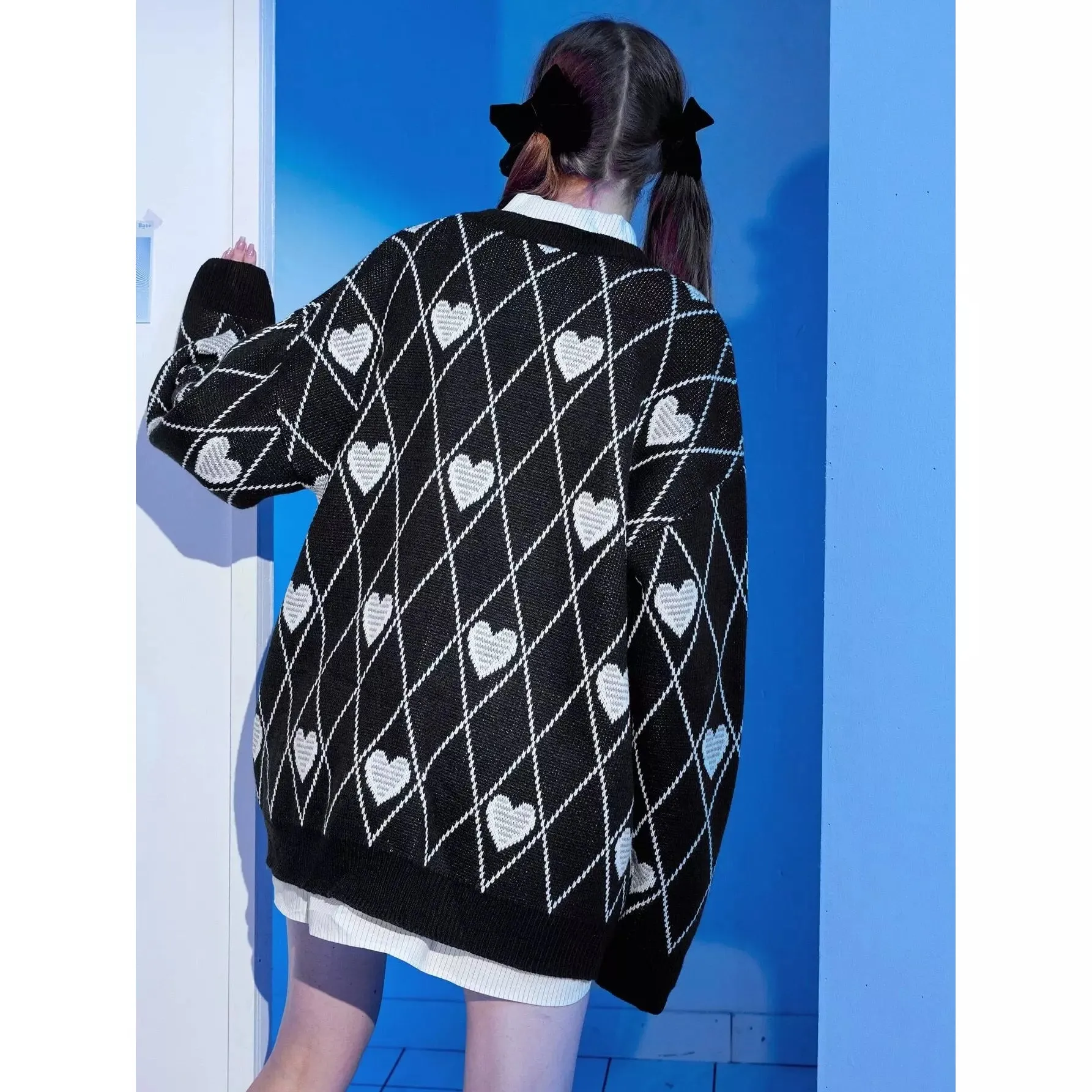 Heart & Argyle Pattern Oversized Cardigan