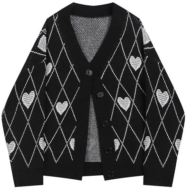 Heart & Argyle Pattern Oversized Cardigan