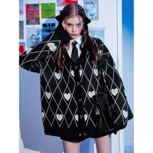 Heart & Argyle Pattern Oversized Cardigan