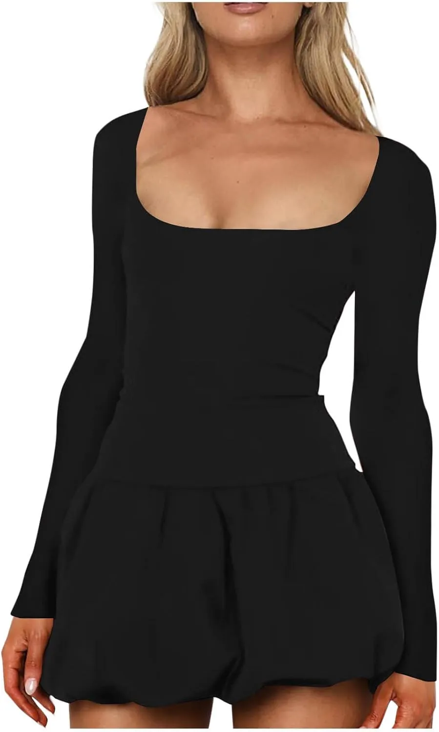 hlysgo Mini Dresses for Women Summer Casual Slim Fit Long Sleeve Scoop Neck Short Dress Trendy Patchwork A-Line Beach Dress