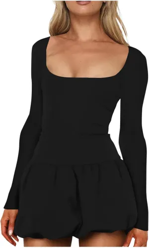 hlysgo Mini Dresses for Women Summer Casual Slim Fit Long Sleeve Scoop Neck Short Dress Trendy Patchwork A-Line Beach Dress