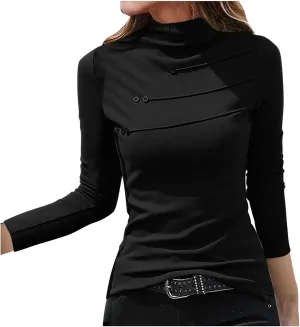 jovati 2024 Fashion Casual Versatile Tunic Tops Women's Solid Long Sleeve Button Pullover Slim Fit Comfy Elegant Blouse