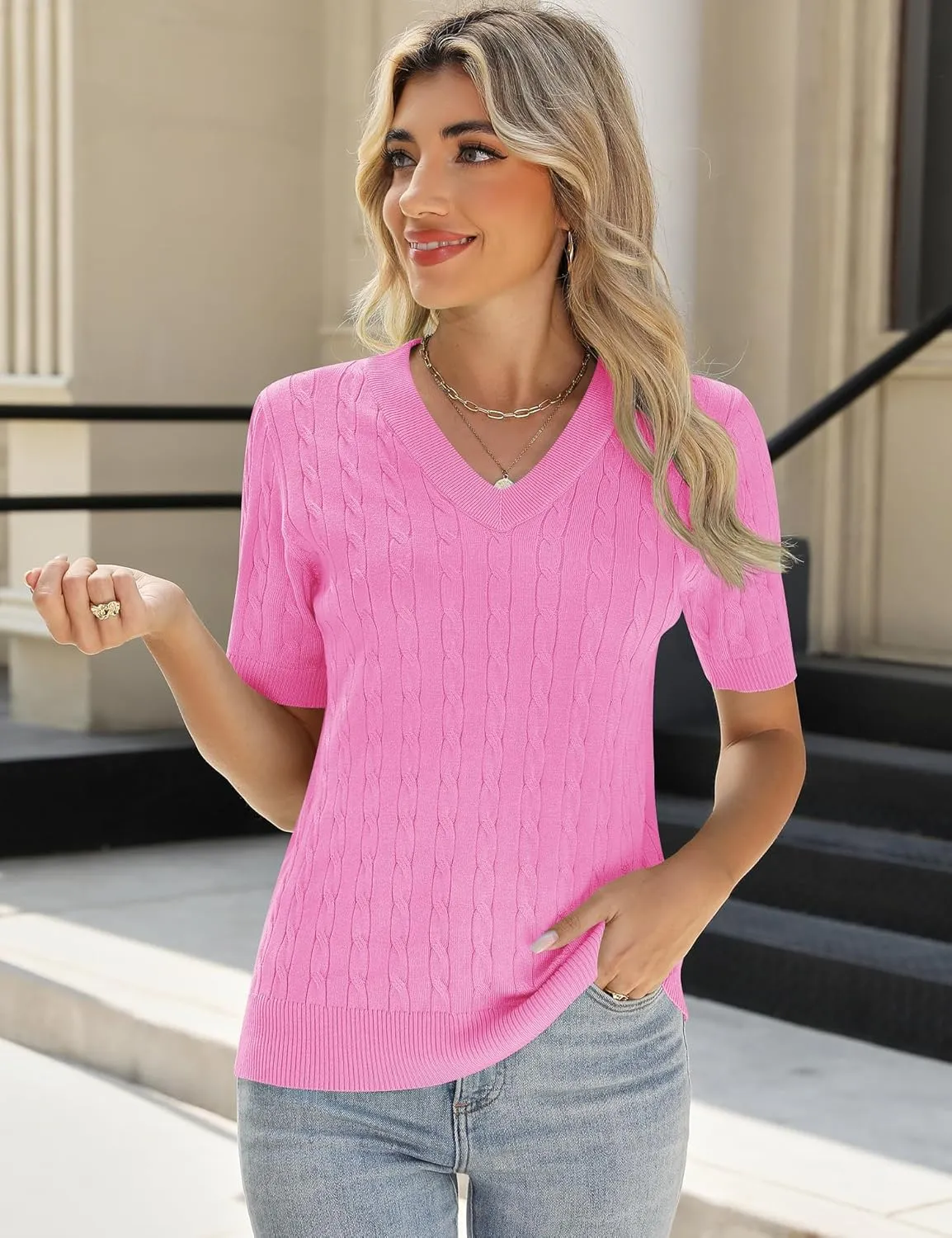 Kistore Womens Summer Short Sleeve Sweaters Tops V Neck Cable Knit Lightweight Sweater Shirts Blouses 2025