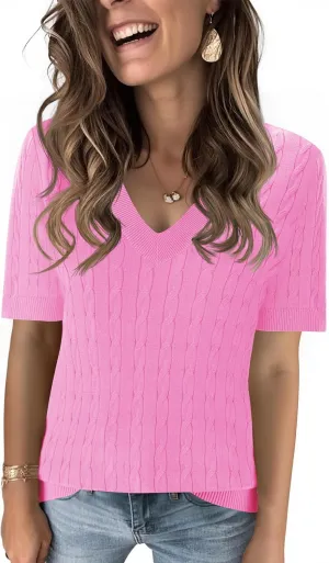 Kistore Womens Summer Short Sleeve Sweaters Tops V Neck Cable Knit Lightweight Sweater Shirts Blouses 2025