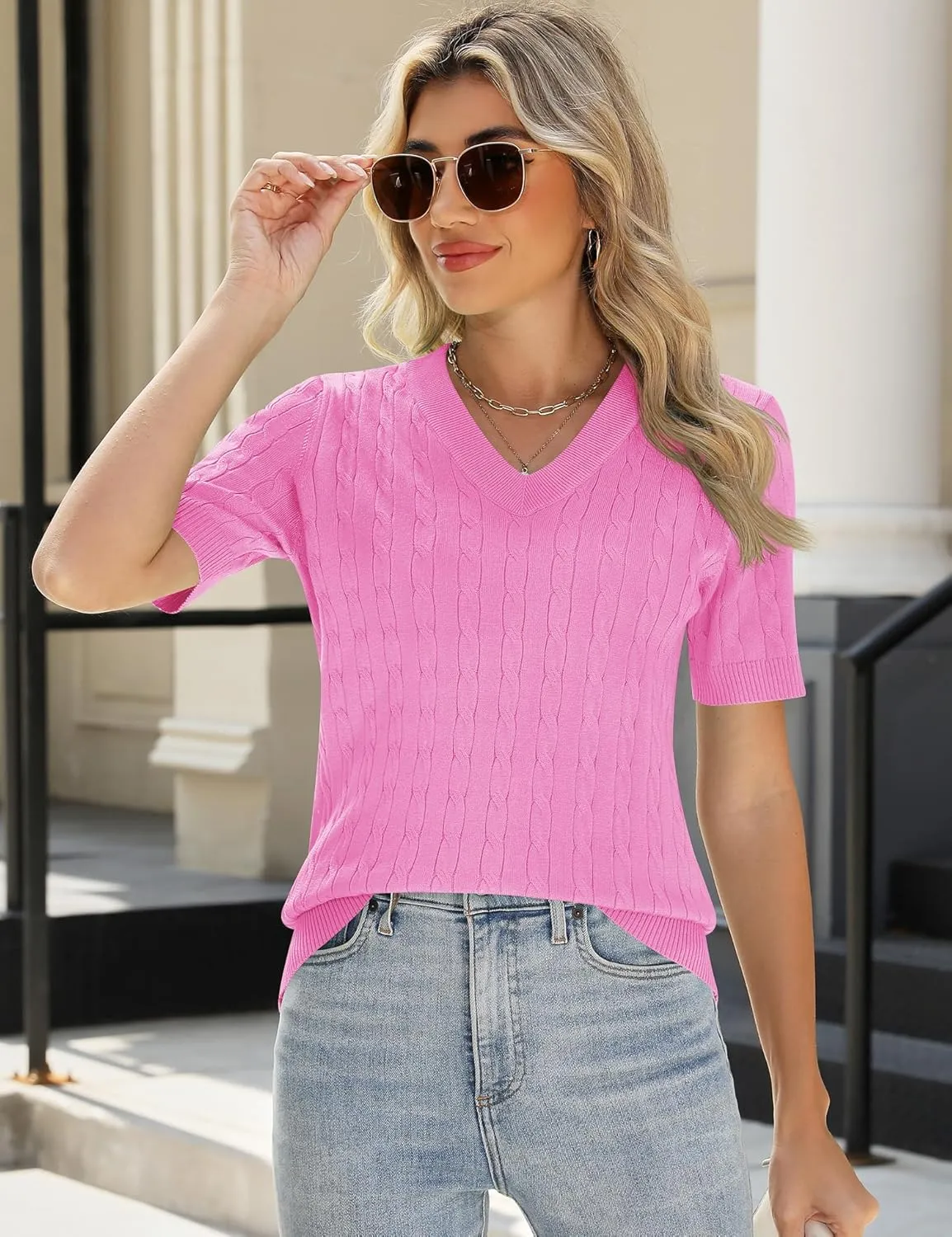 Kistore Womens Summer Short Sleeve Sweaters Tops V Neck Cable Knit Lightweight Sweater Shirts Blouses 2025
