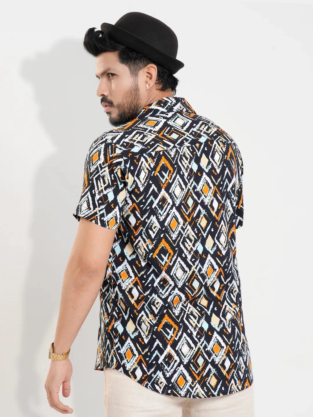 Men's Casual Half Sleeve Printed in Orange Shirt