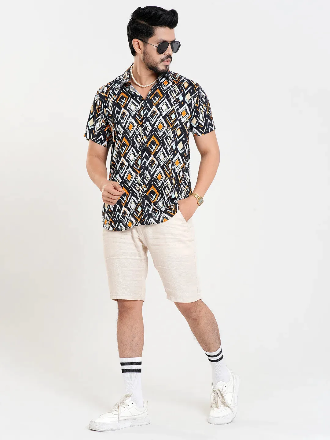 Men's Casual Half Sleeve Printed in Orange Shirt