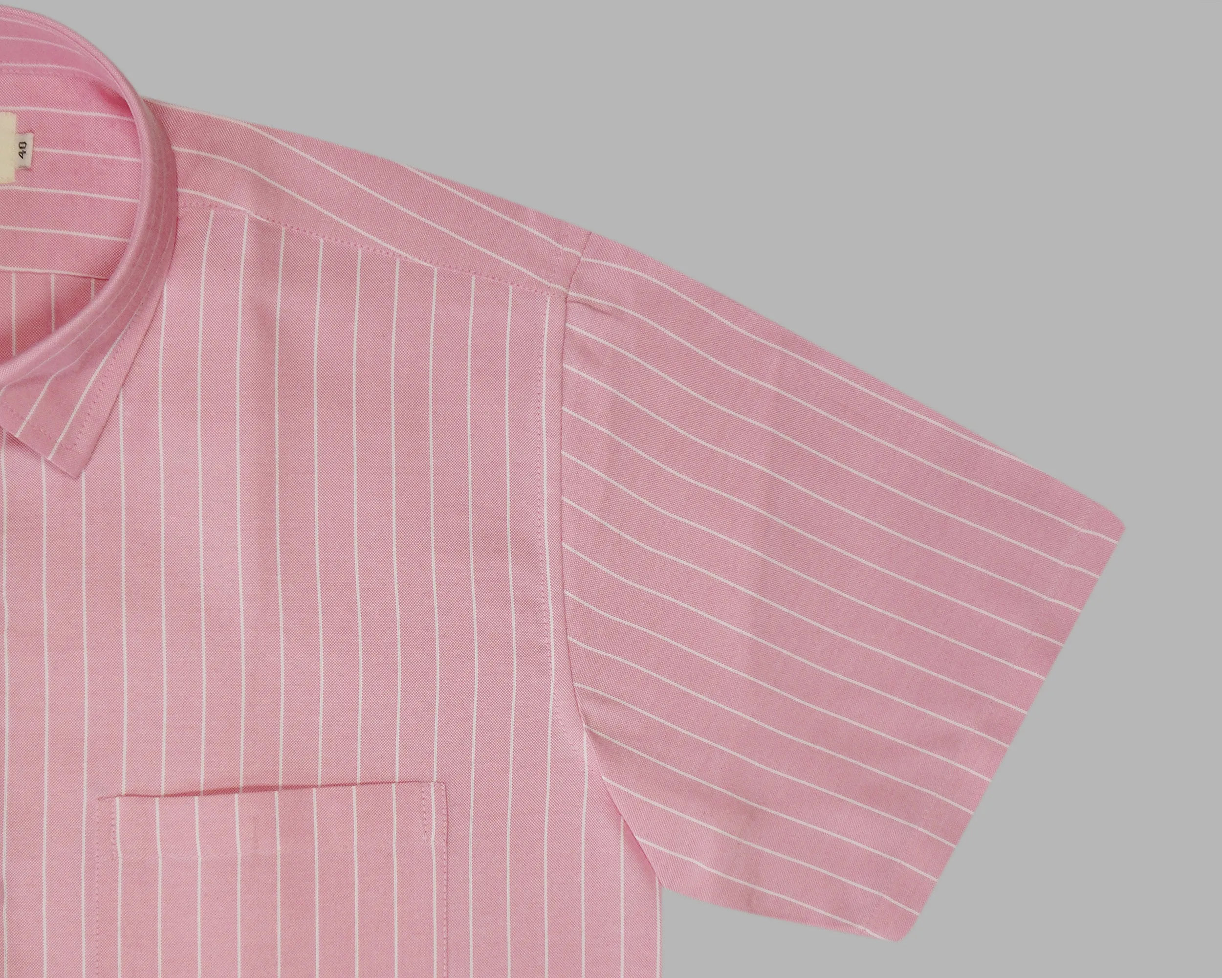 Men's Cotton Linen Striped Half Sleeves Shirt (Pink)
