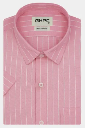 Men's Cotton Linen Striped Half Sleeves Shirt (Pink)