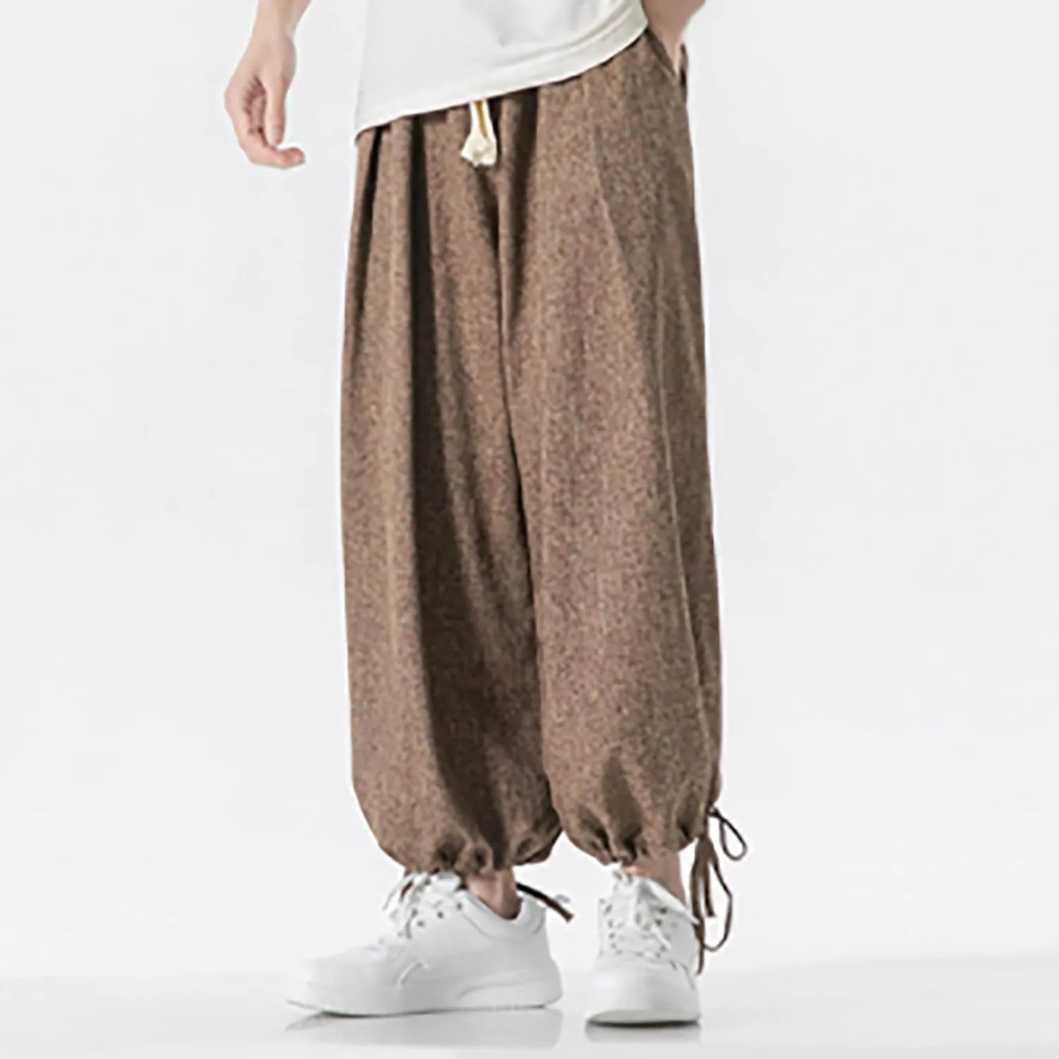 Men's Pants Casual Relaxed Fit Cotton Linen Pants Wide Leg Drawstring Adjustable Cinch Bottom Lounge Summer Trousers