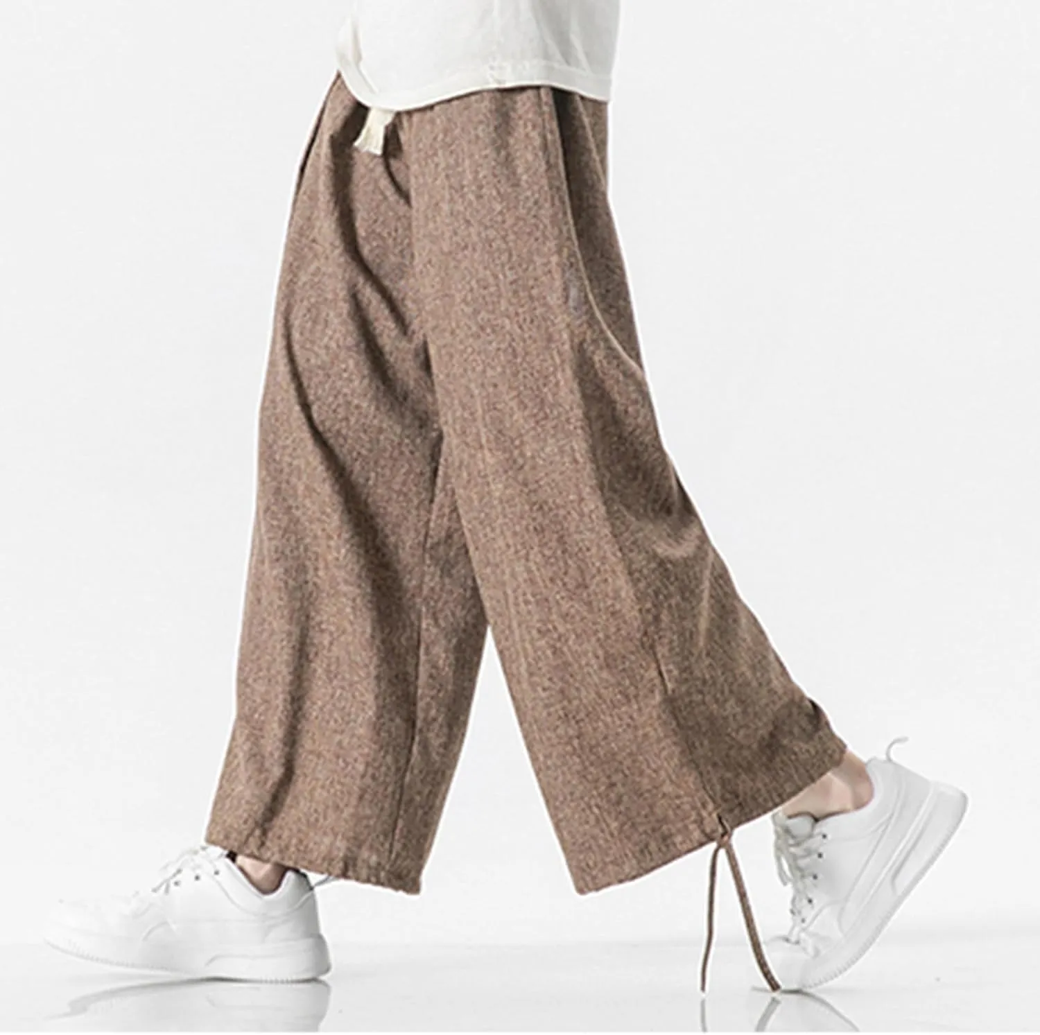Men's Pants Casual Relaxed Fit Cotton Linen Pants Wide Leg Drawstring Adjustable Cinch Bottom Lounge Summer Trousers