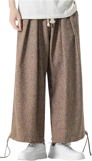 Men's Pants Casual Relaxed Fit Cotton Linen Pants Wide Leg Drawstring Adjustable Cinch Bottom Lounge Summer Trousers