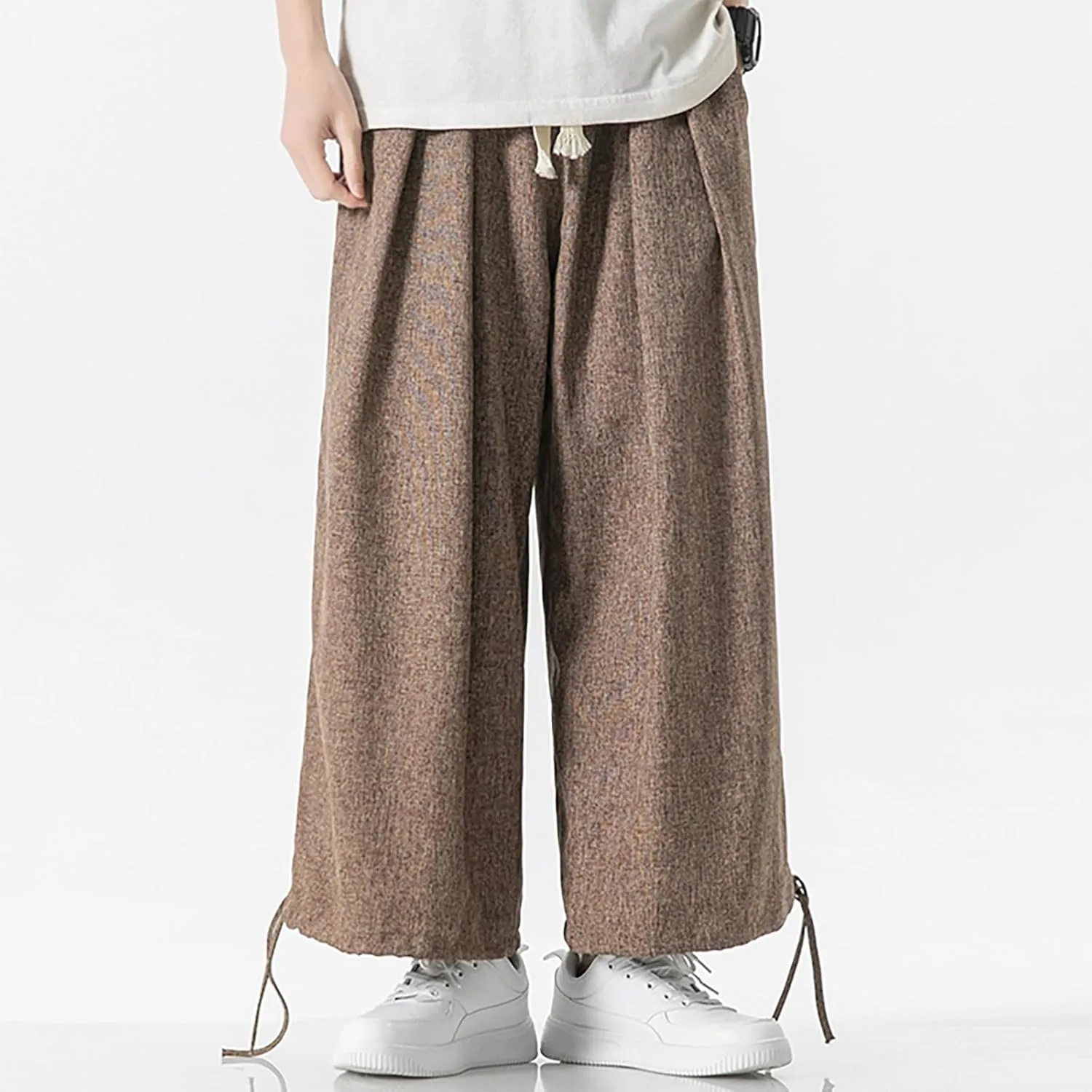 Men's Pants Casual Relaxed Fit Cotton Linen Pants Wide Leg Drawstring Adjustable Cinch Bottom Lounge Summer Trousers