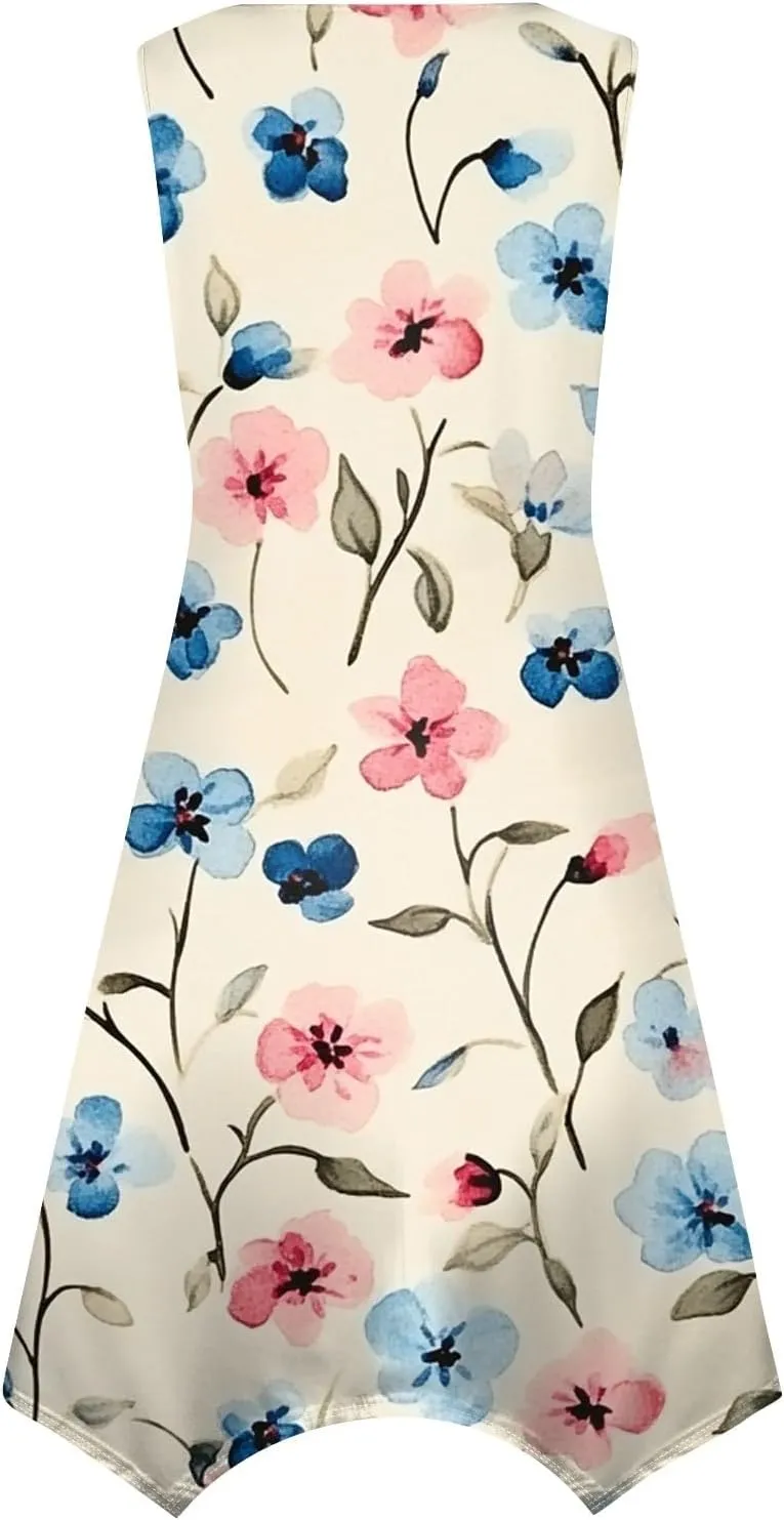 Midi Dress for Women Summer Sleeveless Irregular Hem Mid Length Dress for Women U-Neck Dresses A Line with Pockets