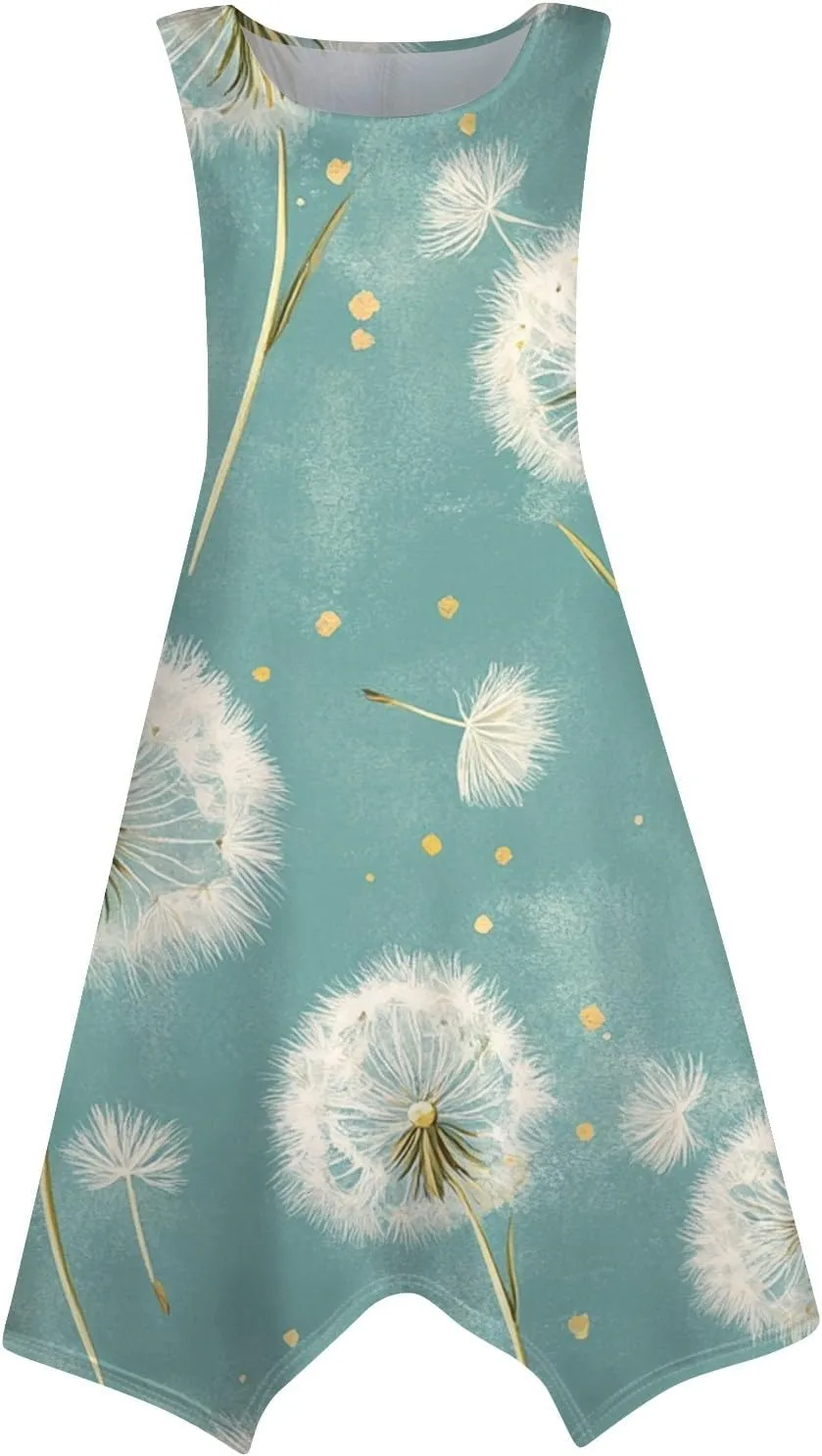 Midi Dress for Women Summer Sleeveless Irregular Hem Mid Length Dress for Women U-Neck Dresses A Line with Pockets