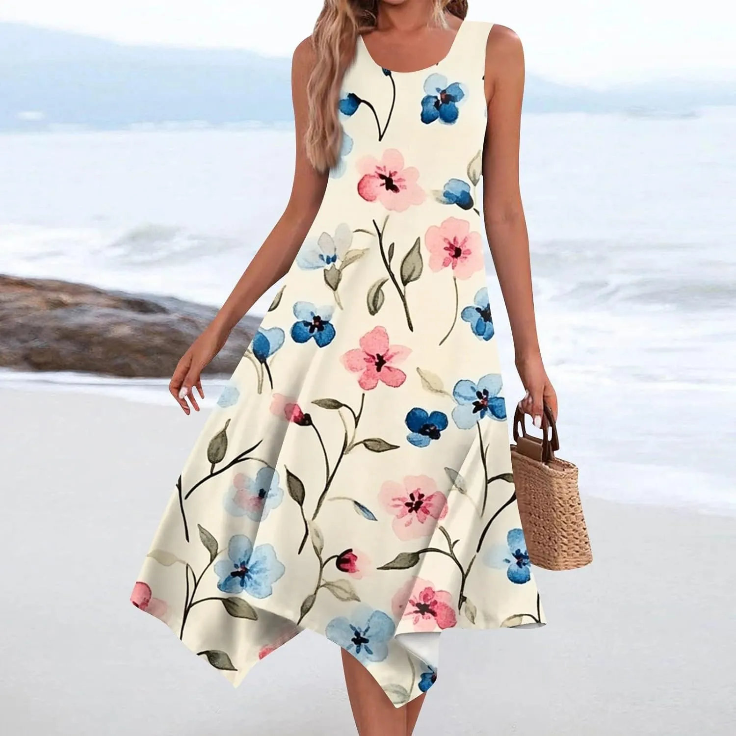 Midi Dress for Women Summer Sleeveless Irregular Hem Mid Length Dress for Women U-Neck Dresses A Line with Pockets