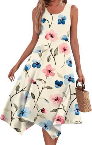 Midi Dress for Women Summer Sleeveless Irregular Hem Mid Length Dress for Women U-Neck Dresses A Line with Pockets