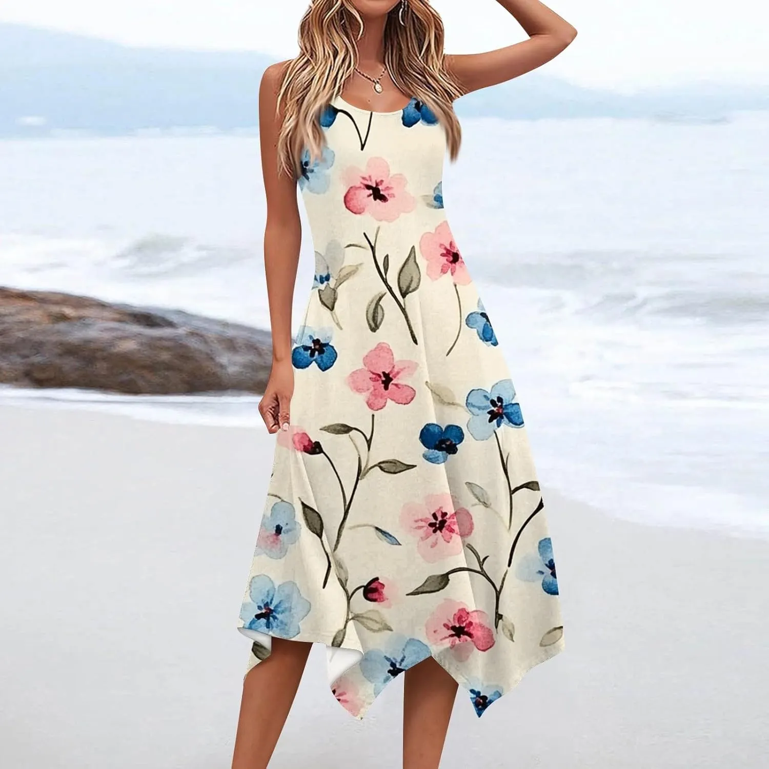 Midi Dress for Women Summer Sleeveless Irregular Hem Mid Length Dress for Women U-Neck Dresses A Line with Pockets