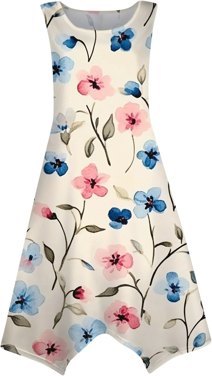 Midi Dress for Women Summer Sleeveless Irregular Hem Mid Length Dress for Women U-Neck Dresses A Line with Pockets