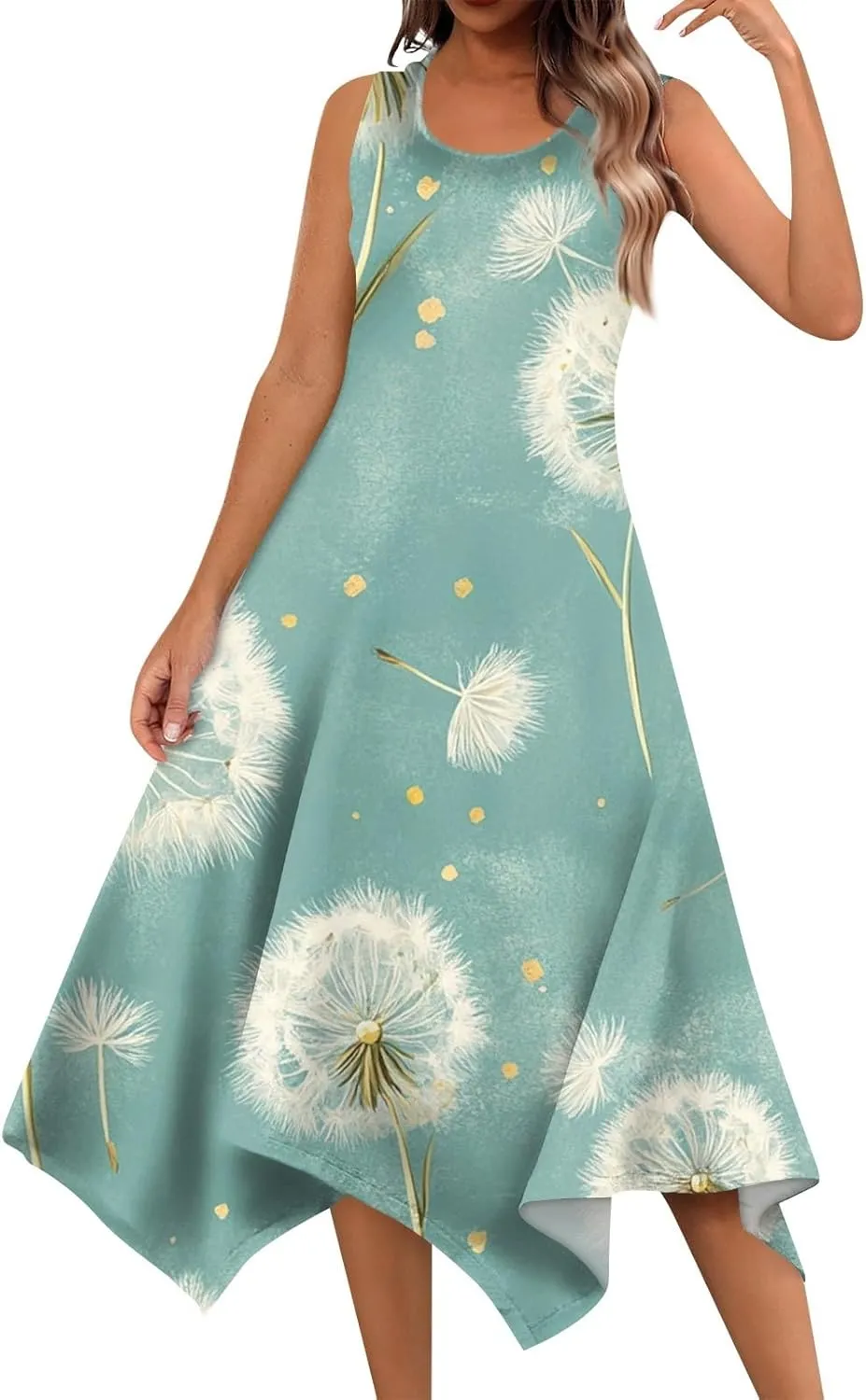 Midi Dress for Women Summer Sleeveless Irregular Hem Mid Length Dress for Women U-Neck Dresses A Line with Pockets