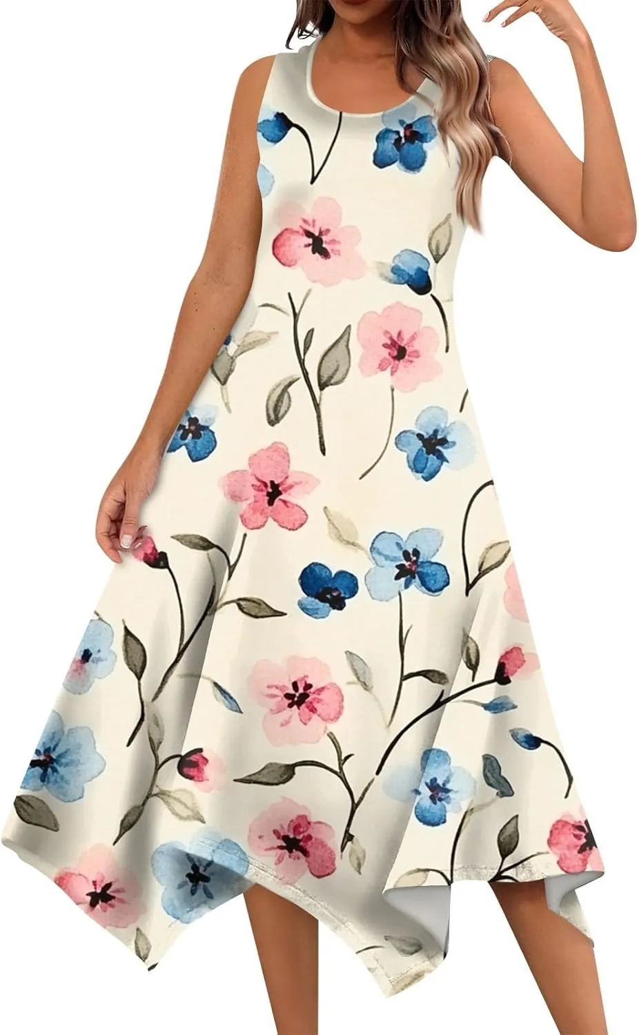 Midi Dress for Women Summer Sleeveless Irregular Hem Mid Length Dress for Women U-Neck Dresses A Line with Pockets