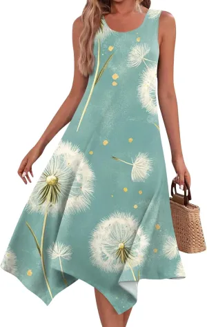 Midi Dress for Women Summer Sleeveless Irregular Hem Mid Length Dress for Women U-Neck Dresses A Line with Pockets