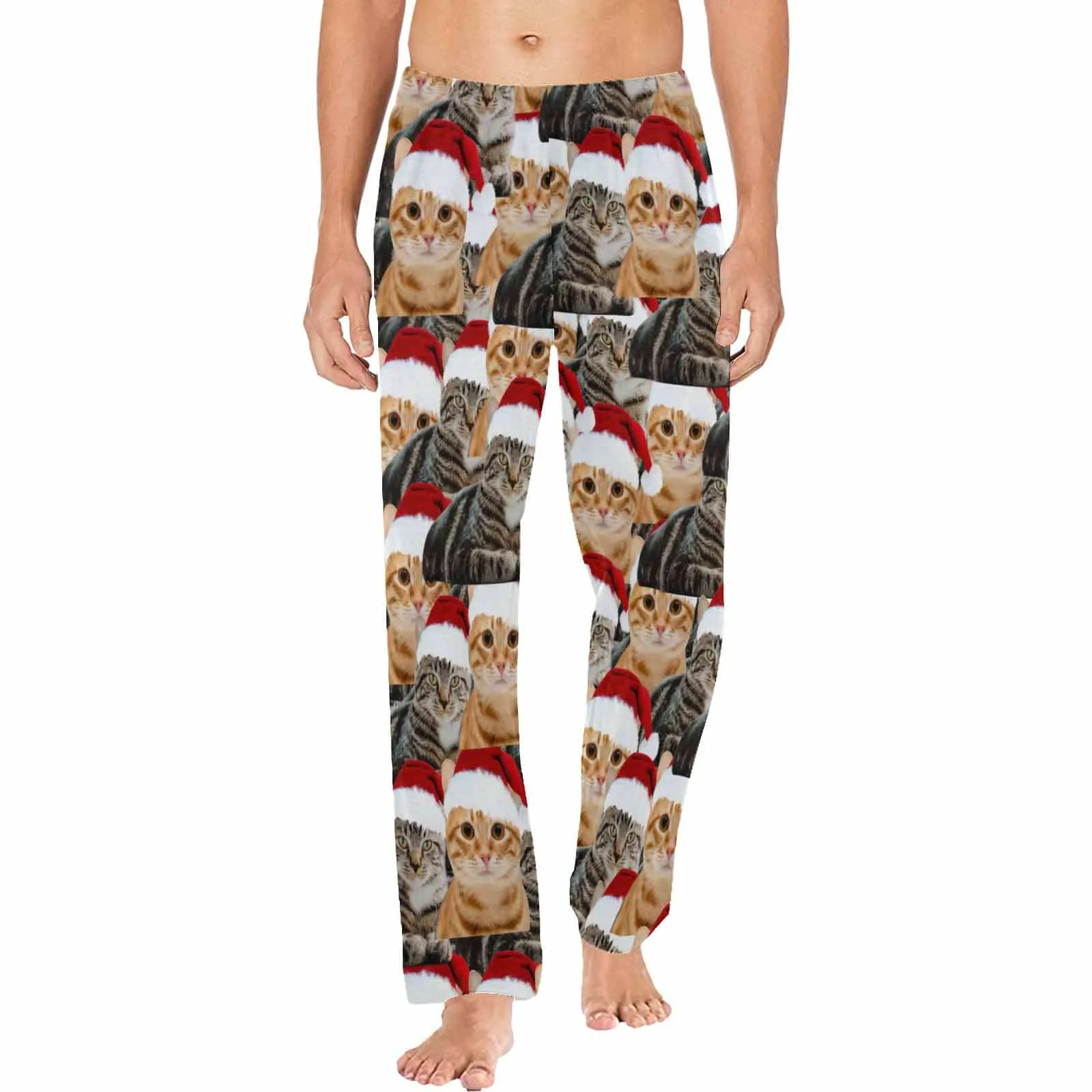 [More Comfortable]Custom Face Pet Cat Christmas Red Hat Sleepwear Personalized Women's&Men's Slumber Party Long Pajama Pants