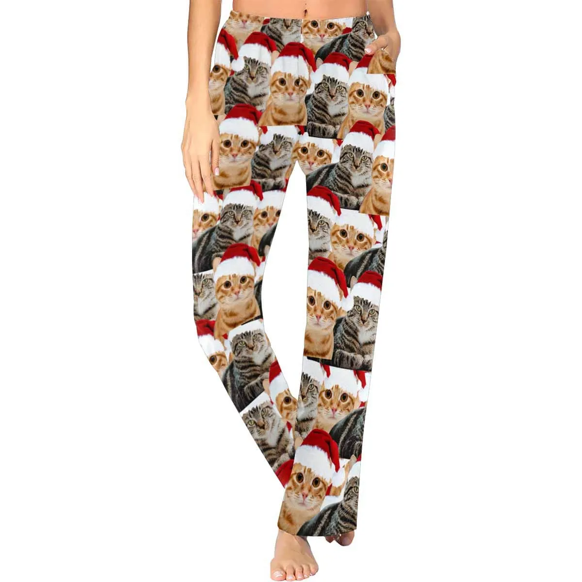 [More Comfortable]Custom Face Pet Cat Christmas Red Hat Sleepwear Personalized Women's&Men's Slumber Party Long Pajama Pants