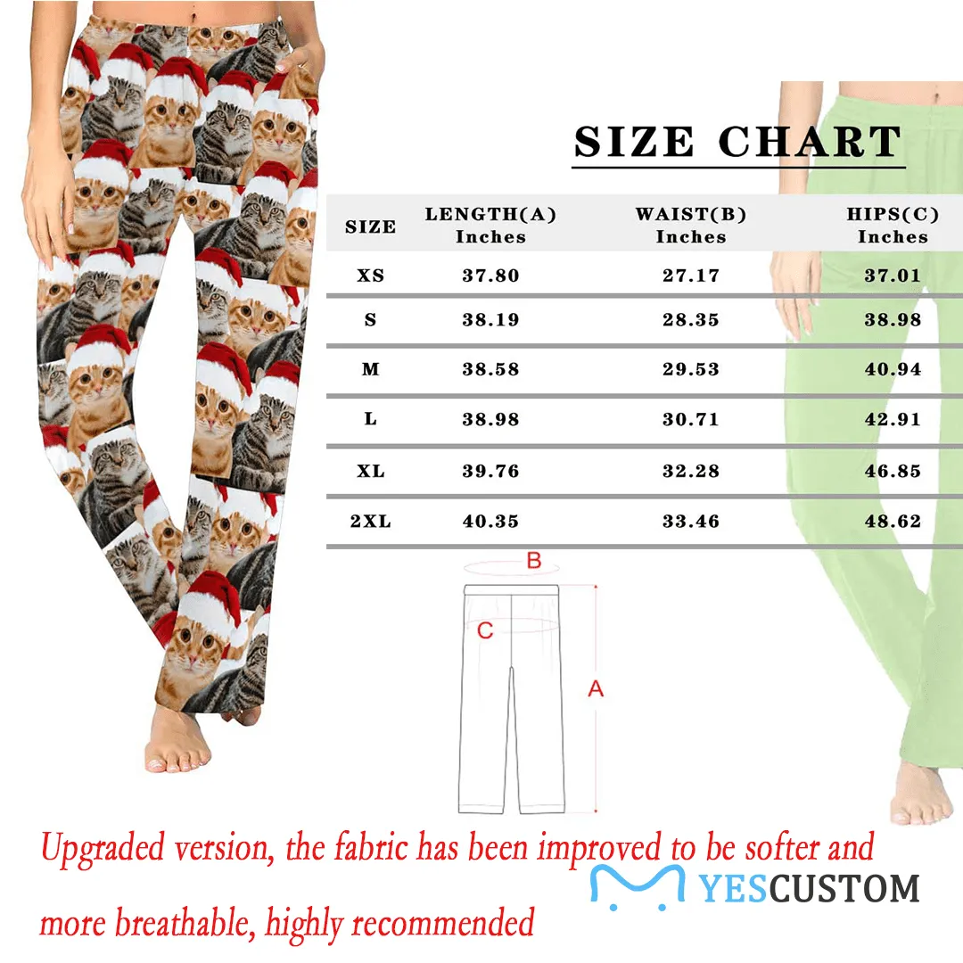 [More Comfortable]Custom Face Pet Cat Christmas Red Hat Sleepwear Personalized Women's&Men's Slumber Party Long Pajama Pants