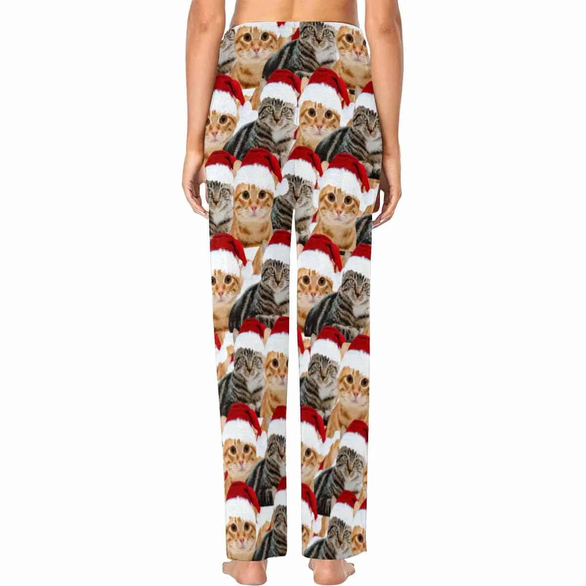 [More Comfortable]Custom Face Pet Cat Christmas Red Hat Sleepwear Personalized Women's&Men's Slumber Party Long Pajama Pants