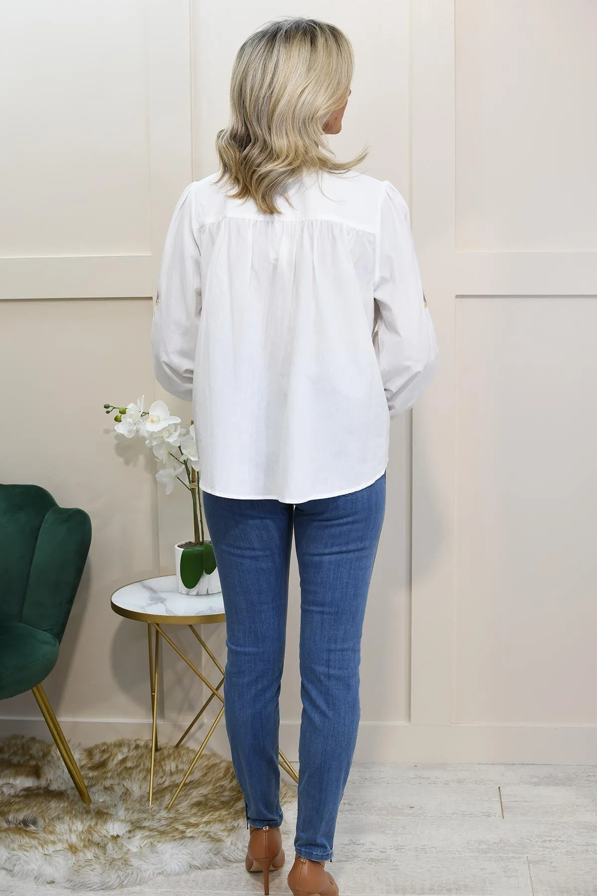 Musy Muse White Shirt With Floral Embroidered Detail & Tan Trim-M602-1