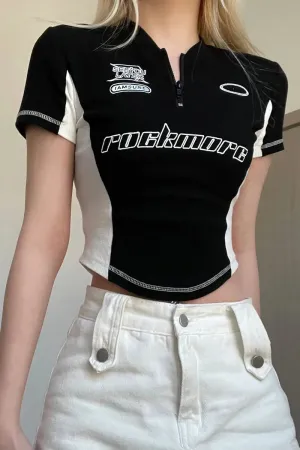New Short Sleeve O-Neck Fashion Letter Sexy Black Crop Summer Top