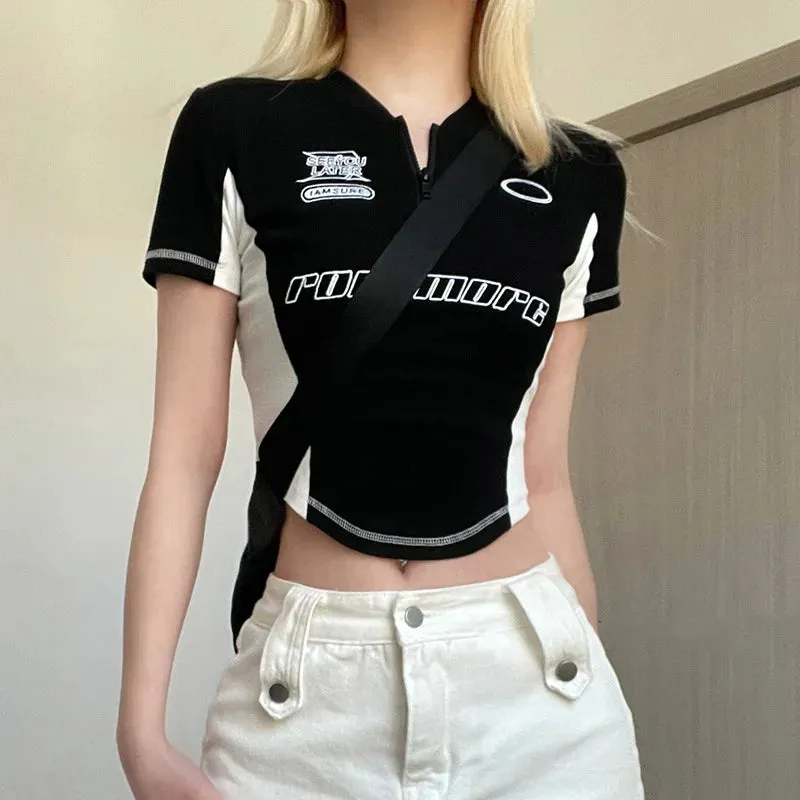 New Short Sleeve O-Neck Fashion Letter Sexy Black Crop Summer Top