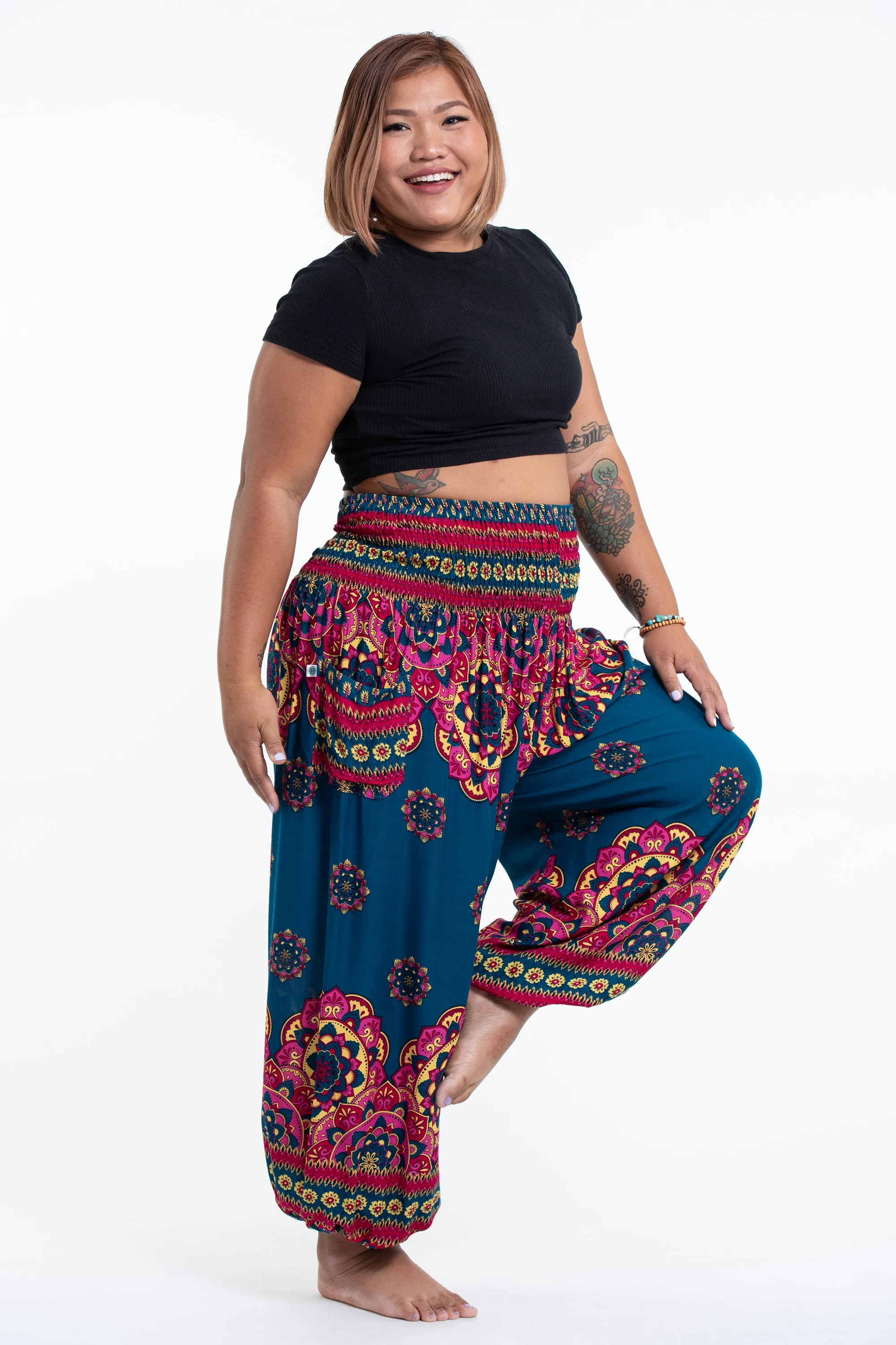 Plus Size Lotus Mandalas Women's Harem Pants in Turquoise