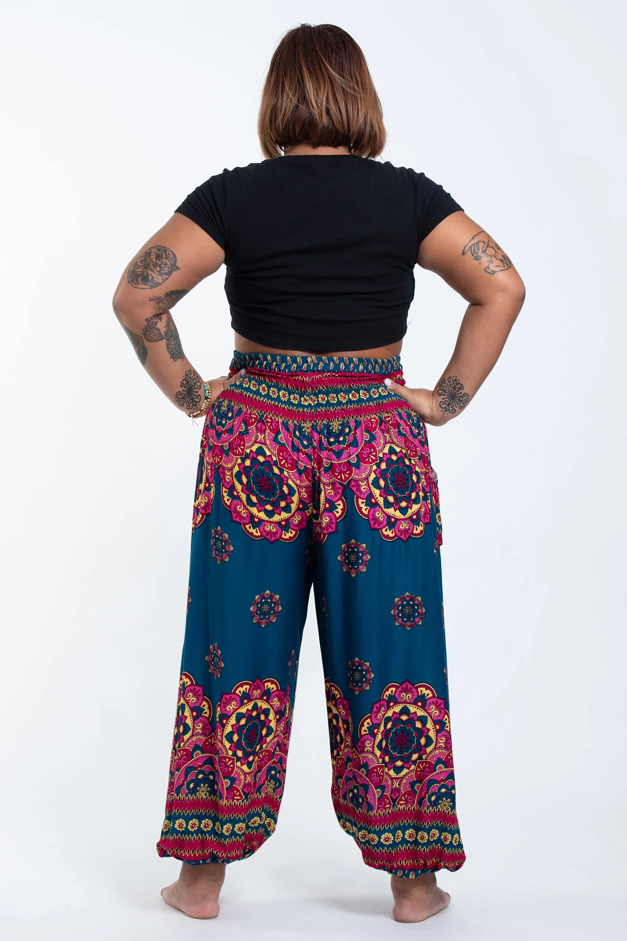 Plus Size Lotus Mandalas Women's Harem Pants in Turquoise