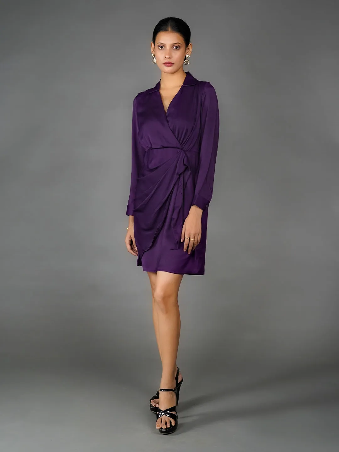Purple Solid Wrap Mini Dress