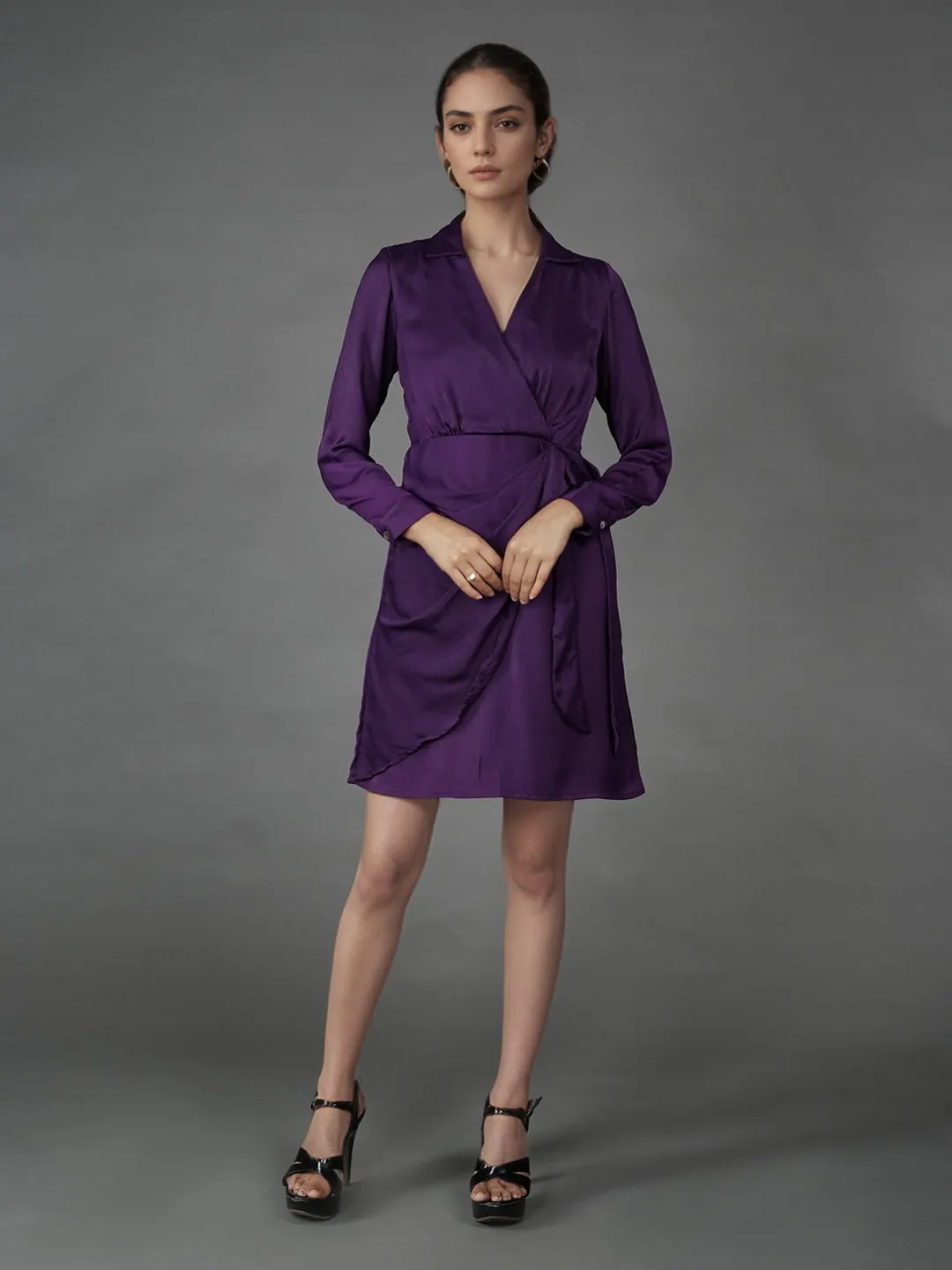 Purple Solid Wrap Mini Dress
