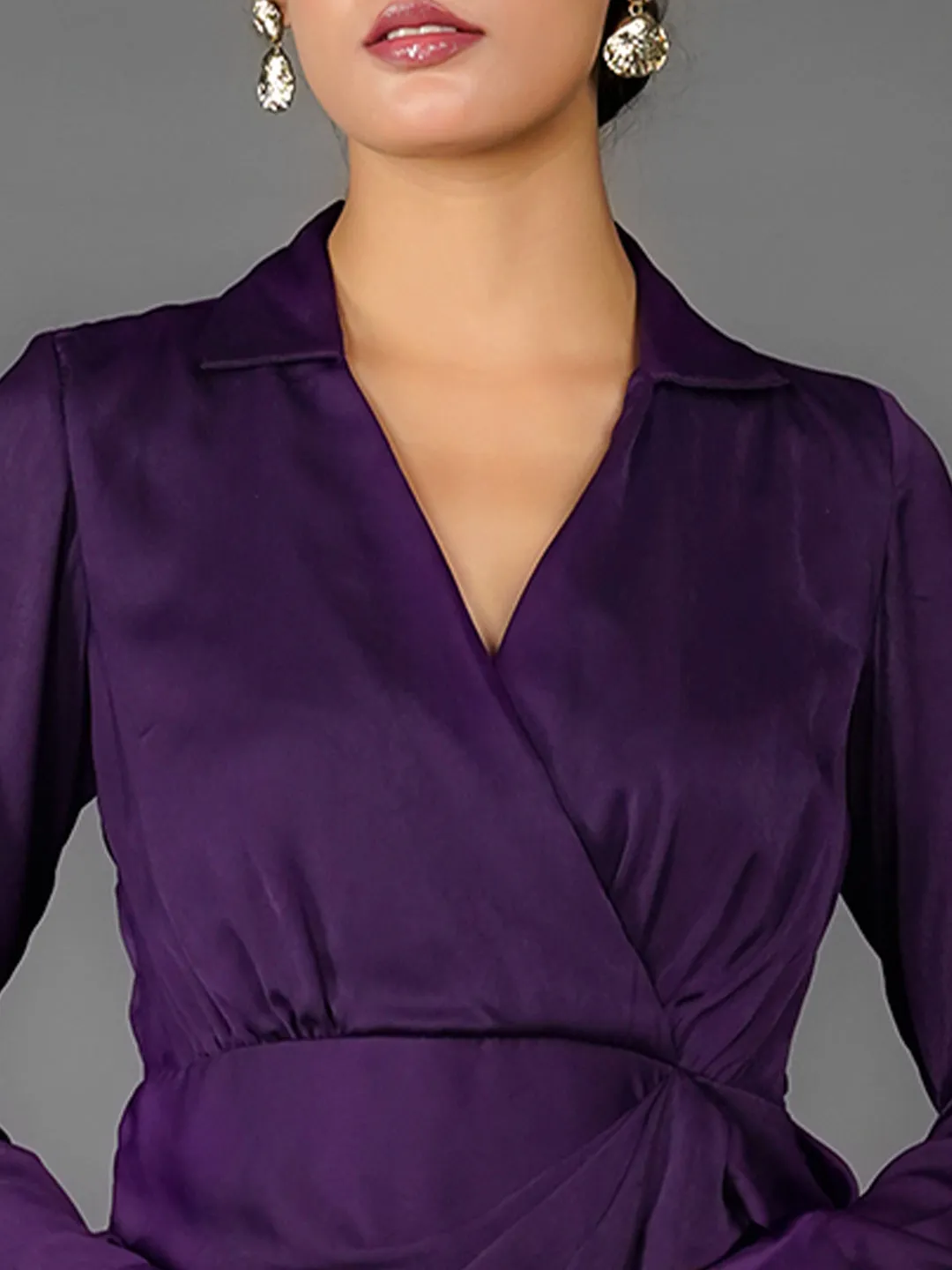 Purple Solid Wrap Mini Dress