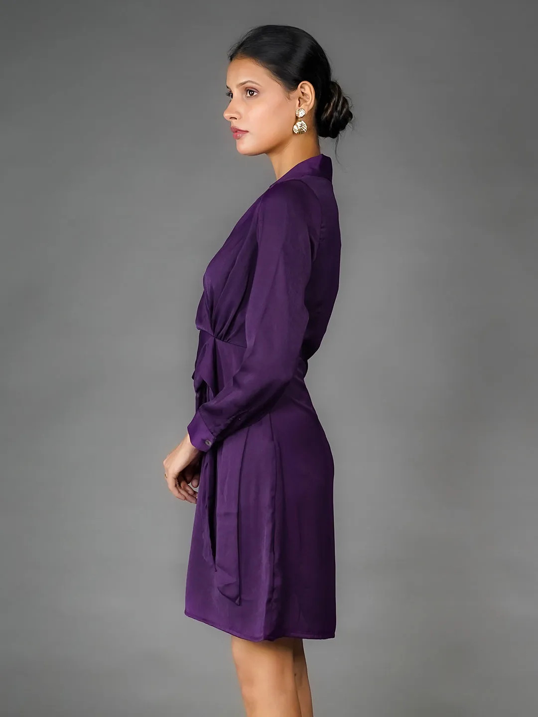 Purple Solid Wrap Mini Dress