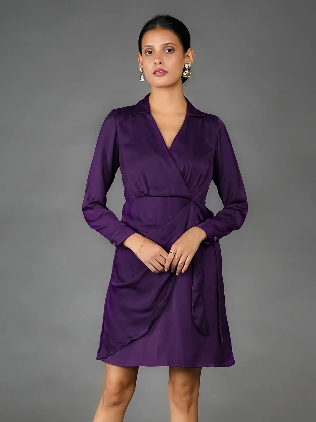 Purple Solid Wrap Mini Dress