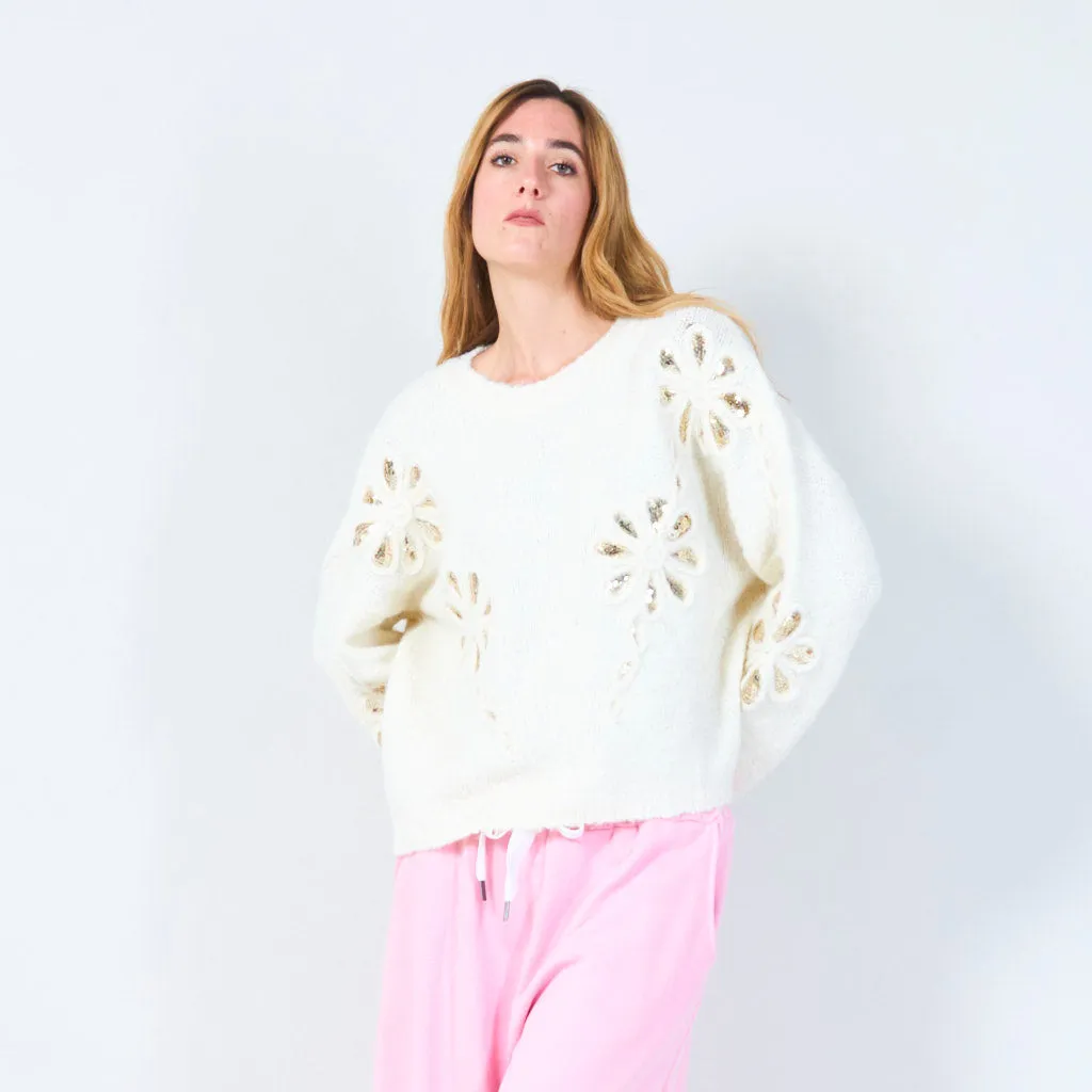 Sequin flower detail knit sweater wholesale