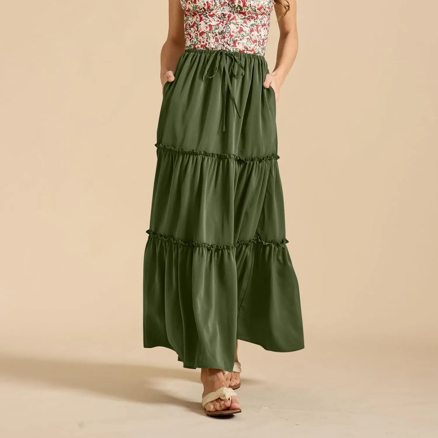 Skirts for Women Summer Beach Vacation Pleated Flowy Layered Long Skirts Trendy Dressy Casual A Line Maxi Skirt