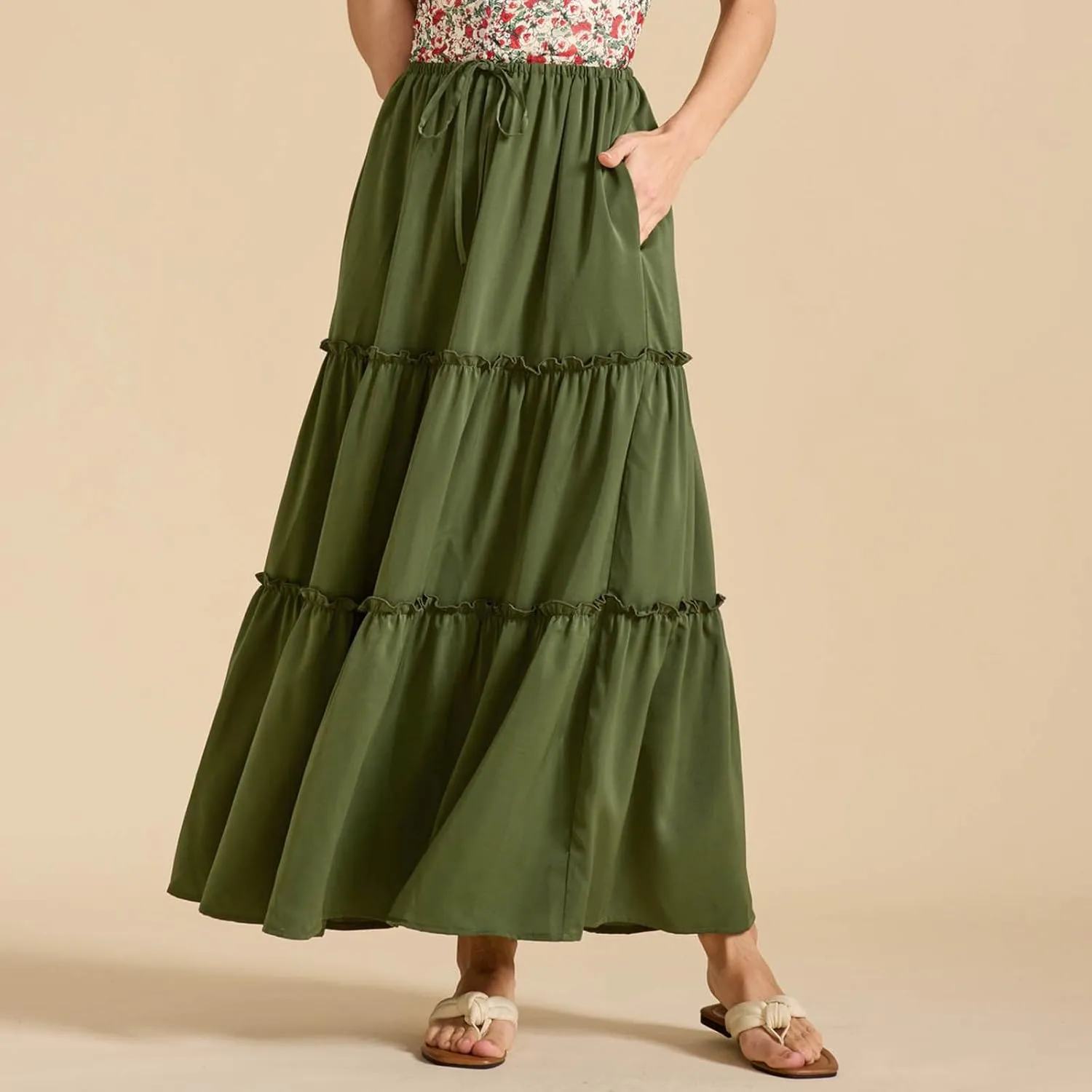 Skirts for Women Summer Beach Vacation Pleated Flowy Layered Long Skirts Trendy Dressy Casual A Line Maxi Skirt
