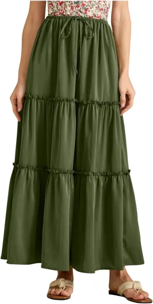 Skirts for Women Summer Beach Vacation Pleated Flowy Layered Long Skirts Trendy Dressy Casual A Line Maxi Skirt