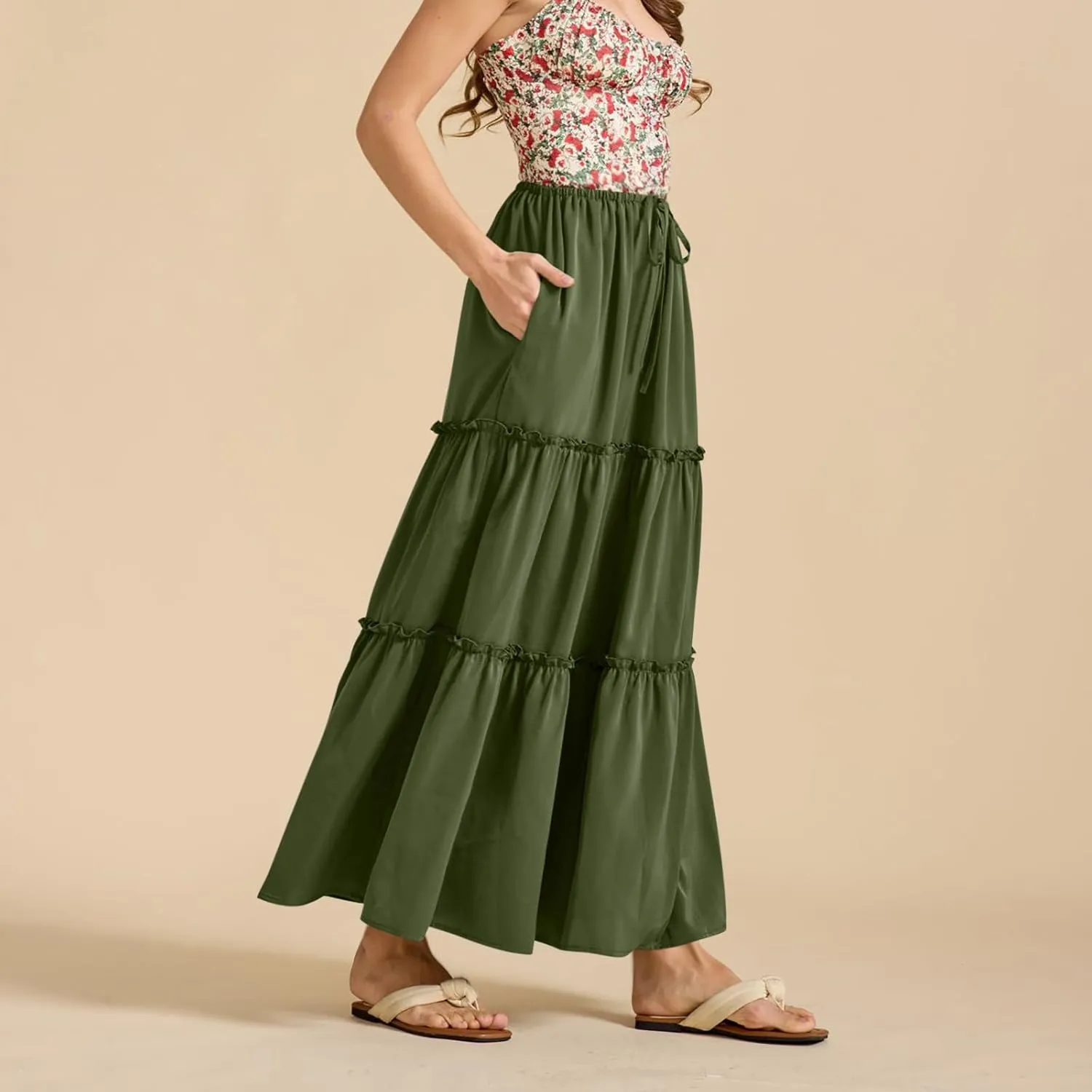 Skirts for Women Summer Beach Vacation Pleated Flowy Layered Long Skirts Trendy Dressy Casual A Line Maxi Skirt