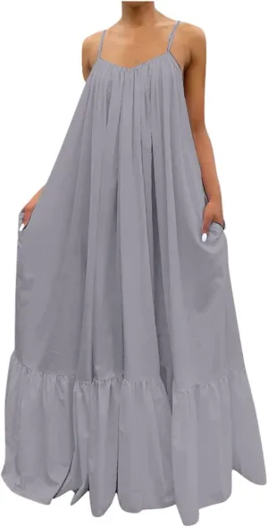 Spaghetti Strap Dresses for Women Plus Size Sleeveless Summer Casual Flowy Dress Ruffle Hem Swing Midi Sundress