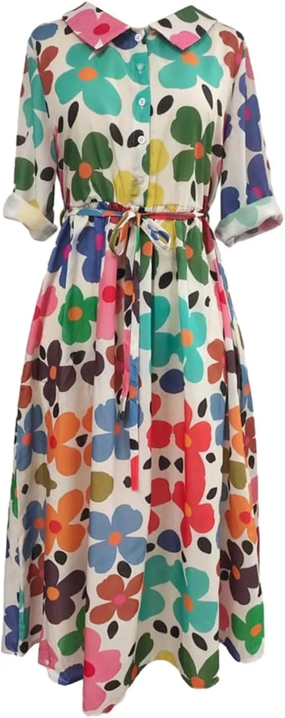 Summer Dresses for Women 2024 Boho Floral Lapel Neck Button Casual A-Line Lace-Up Dress Easter Dress Maternity